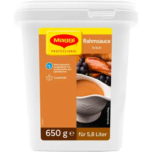 Maggi Rahm-Sauce braun 650g - Leckere Fertigsauce für vielseitige Gerichte, einfach zu verwenden und ideal für schnelle Zubereitungen in der Küche.