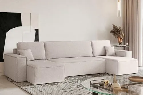 Kaiser Möbel, Ecksofa mit schlaffunktion, mit Bettkasten, Schlafsofa Best, Designer U-Form Sofa, Modern Design Couch, Polsterecke, Freistehend, Stoff Neve Beige