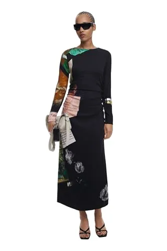 DESIGUAL ABITO LUNGO DONNA NERO - Freizeitkleid für Damen mit einzigartigem Arty-Print, Slim Passform und elegantem Rundkragen, ideal für besondere Anlässe.