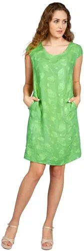 Caspar SKL031 knielanges Damen Sommer Leinenkleid mit Ginko Blatt Stickmuster, Farbe:hell grün, Größe:XL - DE42 UK14 IT46 ES44 US12