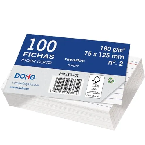 Dohe Karteikarten aus Karton, liniert, 100 Stück, Karten zum Schreiben, Größe 12,5 x 7,5 cm, 180 g, Nr. 2, Büromaterial, Weiß