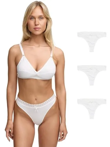 Tazzio Damen String (3er-Pack) Tanga, Spitzen-Detail am Bund, Etikettfrei F927 (Weiß, XL)
