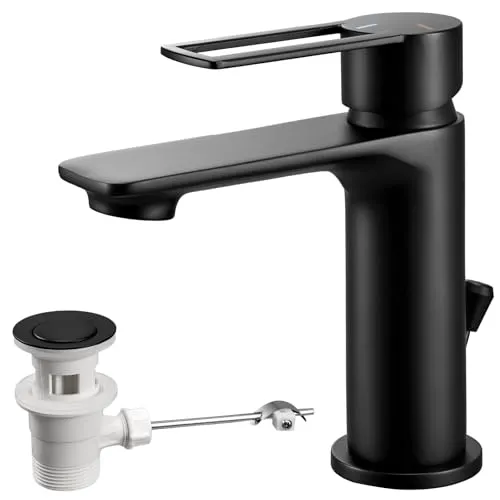 Wasserhahn Bad mit Zugstange, Einhebel-Waschtischarmatur mit Ablaufgarnitur, Schwarz Einhandmischer Waschbecken Armatur Badarmatur Mischbatterie Waschtischmischer für Badezimmer