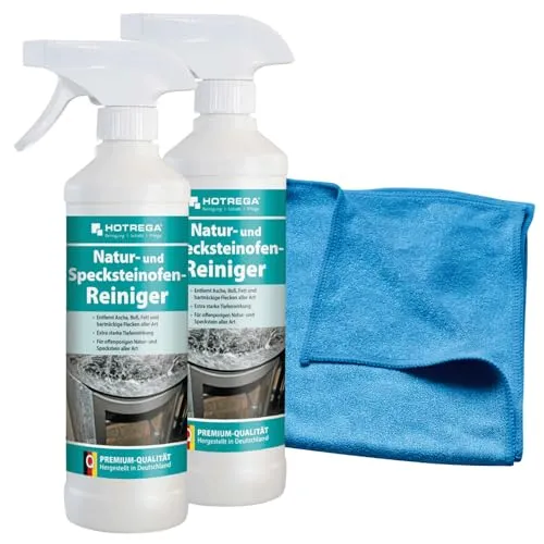 HOTREGA Natur- & Specksteinofen Reiniger 2x 500 ml - Allzweckreiniger für Natur- und Specksteinöfen, entfernt tiefenwirksam Asche, Ruß und Fett, inklusive Mikrofasertuch für eine mühelose Anwendung.