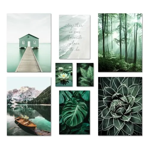 ARTFAVES® Poster Set - Petrol Nature - mehrteilige Wanddeko Wohnzimmer & Schlafzimmer - 8 moderne Wandbilder grün, wald, natur, petrol, petrol-grün, pflanzen, berg, see - ohne Bilderrahmen