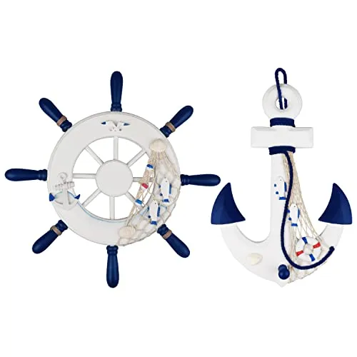 Fangoo 2 Pack 32 CM Steuerrad mit Holz und 32 CM Anker Holz Steuerrad mit Seil Nautical Boat Wanddeko Maritime Deko Tür hängen Ornament