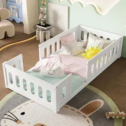 Kinderbett mit Zaun, ohne Lattenrost, 90x200 cm, Holzbett mit Rausfallschutz, Einzelbett, Kiefer - Weiß