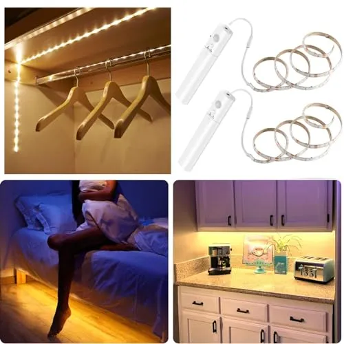 cuzile LED Streifen mit Bewegungsmelder Batteriebetrieben 1m LED Strip Band Leiste Lichtleiste Warmweiss IP65 Wasserdicht, 2 Stück