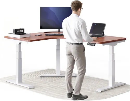 DESKSPACE Elektrisch verstellbarer Eckschreibtisch - Ergonomischer Eckschreibtisch mit leiser Motorsteuerung. Unterstützt eine aktive Arbeitsweise und ermöglicht einfachen Wechsel zwischen Sitzen und Stehen. Ideal für mehr Bewegung im Büro.