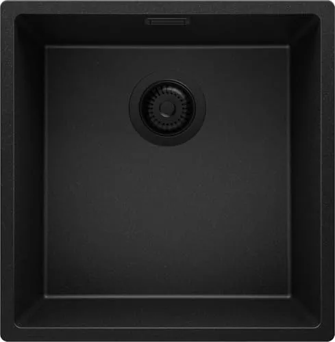 PRIMAGRAN Unterbauspüle Granit Alles Schwarz 46x47cm - 1-Becken Spülbecken mit XL-Becken für große Töpfe, ideal für ab 50 cm Unterschränke, widerstandsfähig gegen Kratzer und Verfärbungen, modernes Design für jede Küche.