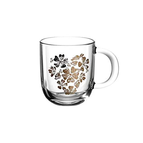 Leonardo Emozione Geschenk Tasse Blumenherz, 1 Stück, spülmaschinengeeignete Glas-Tasse, Tee-Tasse mit goldenem Herz Motiv, 400 ml, 046448