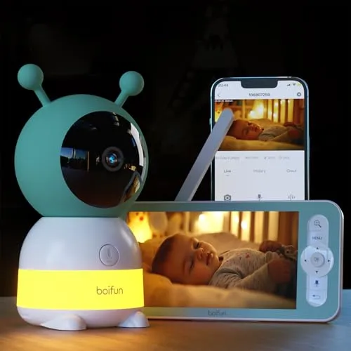 BOIFUN Babyphone mit Kamera 2K/3MP, Intelligentes Nachtlicht, 5 Zoll WLAN Video babyfone PTZ 360°, 4×Zoom, Bewegungsverfolgung, IR Nachtsicht, Weinen/Bewegungs/Geräuscherkennung, Temperaturerkennung