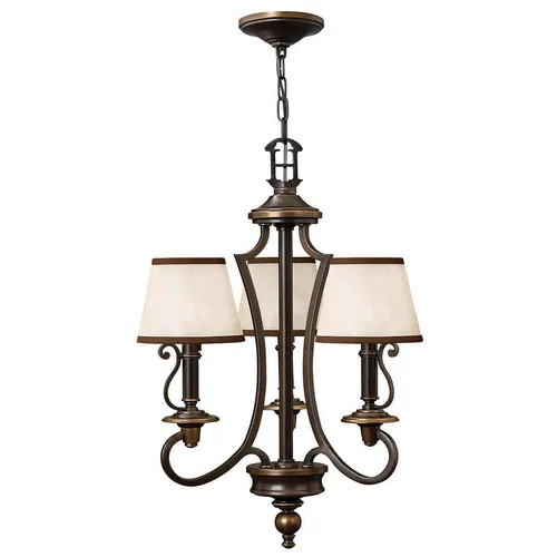 Plymouth Kronleuchter mit 3 Lichtern – Vintage Eleganz - Kronleuchter in Old Bronze mit 3 Lichtern, ideal für stilvolle Innenräume. Vintage-inspirierte Details und bernsteinfarbener Organza-Schirm schaffen eine warme Atmosphäre.