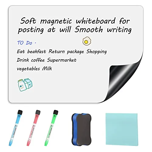 Magnetfolie Whiteboard Magnet, A4 Kühlschrank Magnettafel 21 * 30cm, Whiteboard Trocken Abwischbare Whiteboard-Folie mit 3 Markers 1 Radierer Haftnotizen für Planung von Mahlzeiten
