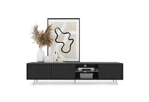 Selsey TV-Schrank BELLO mit goldenen Füßen und LED-Beleuchtung, 175 cm, Schwarz - TV-Halterungen, modernes Design mit Lamellenfronten und integrierter LED-Beleuchtung für eine stilvolle Atmosphäre in Ihrem Wohnzimmer.