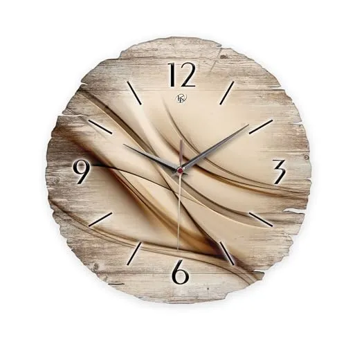 Kreative Feder Runde Wanduhr „Brown Line“ aus Naturholz mit flüsterleisem Uhrwerk; Durchmesser 30cm (Brown Line, leises Funkuhrwerk)