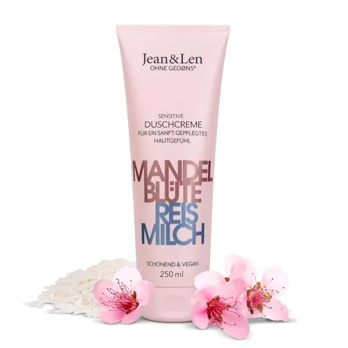 Produktbild Jean & Len Sanfte Duschcreme Mandelblüte & Reismilch, für trockene & empfindliche Haut, zart-süßer Duft, ohne Parabene & Silikone, veganes Duschgel, 250 ml