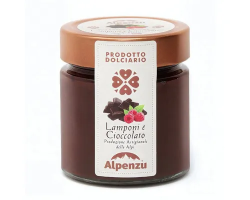 Alpenzu Fruchtaufstrich Aufstrich HImbeere und Schoko, Prodotto Dolciario Lamponi e Cioccolato, 270 g, Ohne Konservierungsmittel und Farbstoffe.