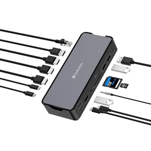 Verbatim USB-C Pro Docking Station 15 Port CDS-15 32171 - Schwarz Grau, vielseitige 15-in-1 Lösung mit 8K Videoausgabe und schnellem Durchlaufladen