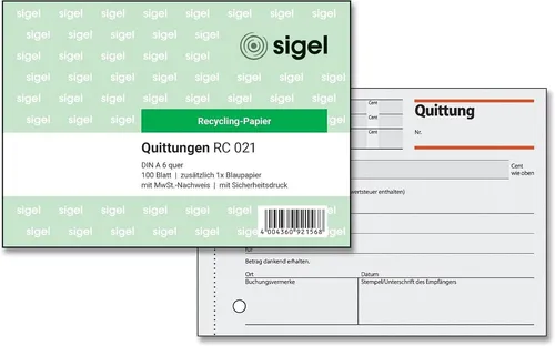 SIGEL RC021 Quittungsblock A6 quer, aus Recycling Papier, 100 Blatt