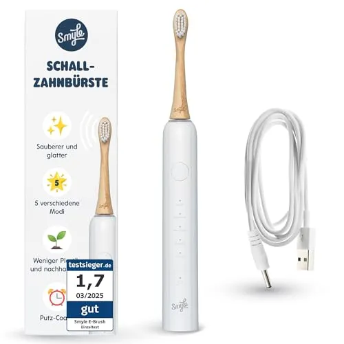Smyle Schallzahnbürste mit Sensor – 3 Monate Akkulaufzeit, 5 Putzmodi und wasserdicht (Weiß)
