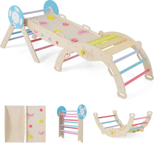 COSTWAY Klettergerüst Indoor 3er Set mit Rutsche und Rampe - Vielseitiges Klettergerüst für Kinder ab 1 Jahr: Kletterdreieck, Kletterbogen und Rutsche in einem Set. Klappbar, platzsparend und fördert die Kreativität mit Montessori-Labyrinth und Formen-Spiel.