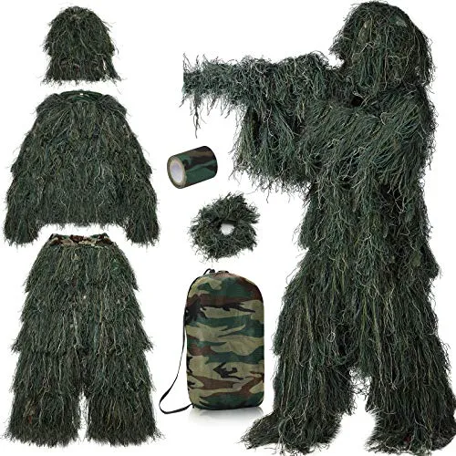 PELLOR 3D Ghillie Tarnanzug Faschingskostüme Männer, 6 Stück Set Tactics Jagdbekleidung Scharfschützenanzug, Selbsthaftend Wiederverwendbare Dschungel Woodland Camouflage Anzug Kleidung Für Jagd