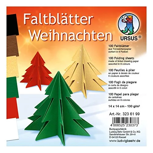 Ursus 3236199 - Faltblätter Weihnachten, aus Tonzeichenpapier 130 g/qm, 100 Blatt in 6 Farben, ca. 14 x 14 cm, durchgefärbt, hohe Farbbrillanz und Lichtbeständigkeit, ideal für schöne Faltfiguren
