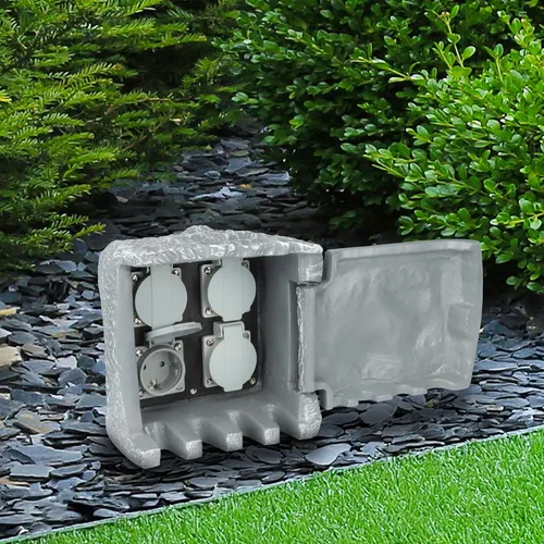 LongLife LED Gartensteckdose in Steinoptik - 4 Steckdosen - Steckdosen & Zubehör: Vier Außensteckdosen in realistischer Steinoptik, spritzwassergeschützt (IP44) für sicheren Einsatz im Garten, ideal für gleichzeitigen Anschluss mehrerer Geräte.