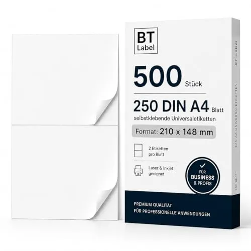 BT-Label 500 Universaletiketten 210x148 mm | Selbstklebende Versandetiketten für Büro und Versand