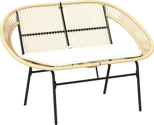 Outsunny 2-Sitzer Gartenbank im Acapulco-Stil, Gartenbank aus Stahl mit Rückenlehne und Kissen, Gartenbank für Balkon, Terrasse, Patio, 126 x 72 x 83 cm, Khaki