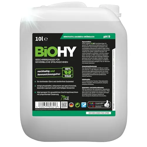 BiOHY Geschirrreiniger 10L - Phosphatfreies Spülmittel für Gastro - Effektives Geschirrspülmittel für gewerbliche Spülmaschinen, biologisch abbaubar und 100% vegan. Ideal für Gastronomie und Hotellerie, sorgt für strahlend sauberes Geschirr ohne schädliche Chemikalien.