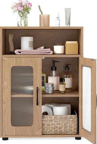 COSTWAY Badezimmerschrank mit 2 Türen & 3-stufig Regal - Praktischer Aufbewahrungsschrank für Badezimmer, Wohnzimmer oder Küche. Bietet großzügigen Stauraum mit verstellbarem Regal und stabiler Konstruktion für Sicherheit und Stil.