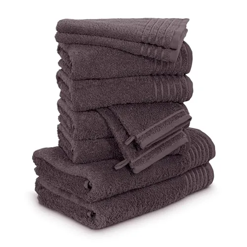 Möve Handtuchset New Classic 10-TLG - Luxuriöse Baumwollhandtücher in Graphite - 10-teiliges Handtuchset aus 100% hochwertiger Baumwolle, extra weich und voluminös. Ideal für den täglichen Gebrauch, mit eleganten Ton-in-Ton Streifen und praktischem Kordelaufhänger.
