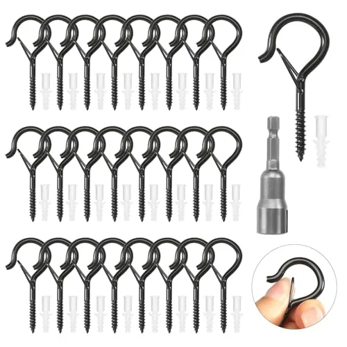 HFDONGL 25 Stück Schraubhaken Deckenhaken M4 Haken zum Schrauben Hakenschrauben mit Sicherung Edelstahl Hakenschrauben für Hängematten Aufhängen Pflanzenkörben Lichterketten usw (Schwarz)