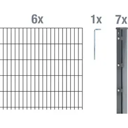 Alberts Doppelstabmattenzaun 6-5-6, 2,50 m, anthrazit, Komplettset - Vielseitiger Doppelstabmattenzaun in anthrazit, 15 m lang und 1,43 m hoch. Robuste Konstruktion mit langlebiger Beschichtung, ideal für verschiedene Einzäunungsbedürfnisse. Inklusive Pfosten und Abdeckleiste für einfache Montage.