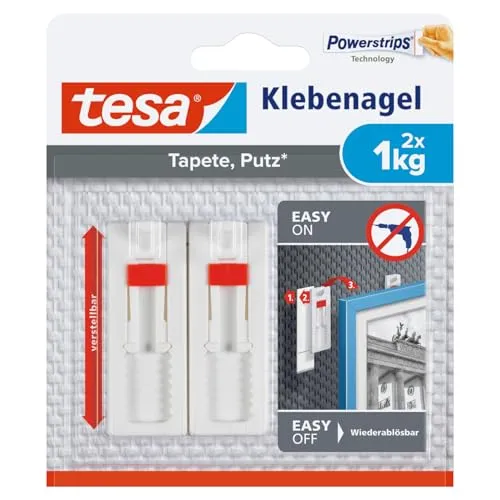 tesa Klebenagel für Tapeten und Putz / Selbstklebende Nägel für empfindliche Oberflächen / Leicht anzubringen und zu entfernen - rückstandslos / 2 x 1kg Halteleistung
