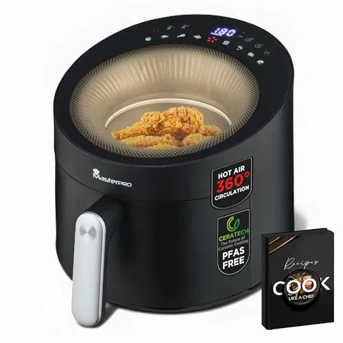 MasterPRO Rocket Cyclone 500 | Heißluftfritteuse mit Panorama Sichtfenster und 360°-Zirkulation | 100% PFAS-frei | 5L Fassungsvermögen | 1500 W Leistung | Digitalanzeige | Extra schnelle Zirkulation