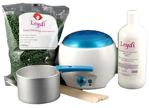 Leydi PREMIUM Azulen Enthaarungswachs Brazilian Waxing Set - Enthaarungswachs-Set mit speziellem Heisswachs für empfindliche Haut, ideal für Brazilian Waxing und präzise Anwendungen. Enthält Waxgerät, 1kg Azulen Perlen und Nachbehandlungsmilch.