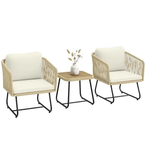 Outsunny 3-teiliges Rattan Bistroset mit 2 Sesseln und Holztisch - Creme - Genießen Sie entspannte Momente im Freien mit dem Outsunny Rattan Bistroset. Bequeme Sessel und ein eleganter Holztisch schaffen eine einladende Atmosphäre für Balkon oder Garten.
