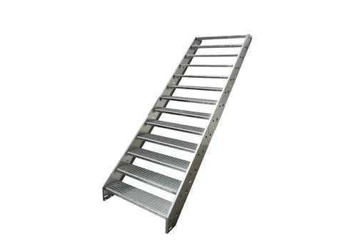 Kaminbau Mierzwa Außentreppe Stahltreppe 13 Stufen Verzinkt mit und ohne Geländer Höhe 247 cm, für Geschosshöhen bis 247 cm, Stufen Gitterroststufen nach DIN 24531, (Stufenbreite und Geländerart wählbar)