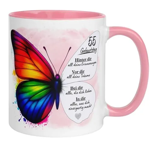 Geburtstag Frauen Geschenk Tasse | Schmetterling – Hinter dir Erinnerungen | Lustige Geschenk Geburtstagstasse mit Spruch 55. Geburtstag | 55ter Geburtstag - Witziges Geburtstagsgeschenk Frau 55