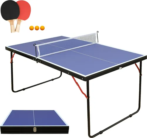 okwish Zusammenklappbare Tischtennisplatte TT-Platte mit Netz und Schlägerset - Kompakte Tischtennisplatte mit 137 x 76 cm, ideal für drinnen und draußen. Inkl. 2 ergonomischen Schlägern und 3 Bällen für unvergessliche Spiele. Perfekt für kleine Räume und einfach zu transportieren.