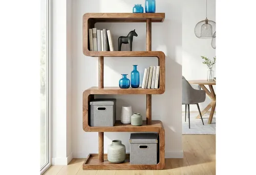 FINEBUY Bücherregal FB114489 – Massivholz Standregal 160cm - Elegantes Standregal aus Mango Massivholz mit geschwungenem Design. Perfekt für Bücher und Deko, bietet großzügigen Stauraum und setzt stilvolle Akzente in jedem Raum.