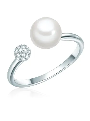 Valero Pearls Damen-Ring 925/-Sterling Silber mit Süßwasser-Zuchtperle - Eleganter Damen-Ring aus 925er Sterlingsilber, verziert mit einer schimmernden 7 mm Süßwasser-Zuchtperle und funkelnden Zirkonia-Kristallen – das perfekte Geschenk für Perlenschmuck-Liebhaberinnen.