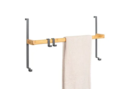 eluno Türregal aus Metall und Bambus mit Handtuchstange, grau - Praktisches Tür-Hängeregal für zusätzlichen Stauraum, feuchtigkeitsbeständig und ohne Bohren, ideal für Handtücher und mehr. Kompaktes Design, passt an jede Tür mit maximal 2 cm Türfalz.