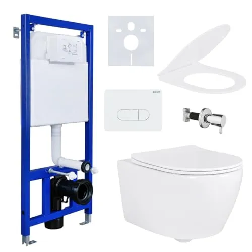 Hänge Wand Dusch WC mit Bidet-Funktion - Einteilige Toilette mit moderner Bidet-Taharetfunktion, komplett mit Vorwandelement und Softclose-Deckel für einfachen Aufbau und Komfort.
