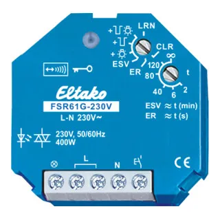 Eltako FSR61G-230V Stromstoß-Schaltrelais - Geräuschloses Solid-State-Relais für 230V, ideal für LED- und Glühlampen bis 400W. Mit Rückfallverzögerung und minimalem Stand-by-Verlust von nur 0,8W.