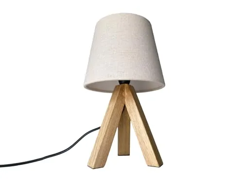 meineWunschleuchte Dreibein Holz Tischlampe mit Stoffschirm Creme Weiß, 27cm klein