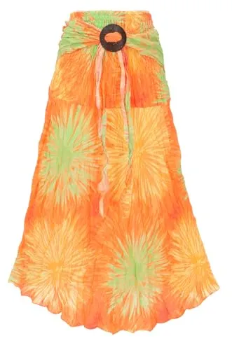 GURU SHOP Boho Maxirock - Wandelbares Sommerkleid in Orange - Damen Rock im Hippie Chic, mit elastischem Bund und einer einzigartigen Kokosschnalle, die als praktische Befestigung dient. Ideal für Strand und Sommer, vielseitig wandelbar.